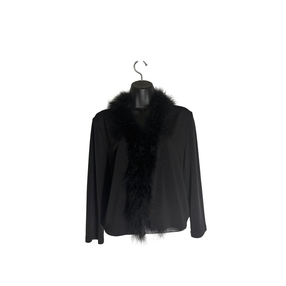 Clueless 90s Black Long Sleeve Top With Faux Feather Trim Collar & Front